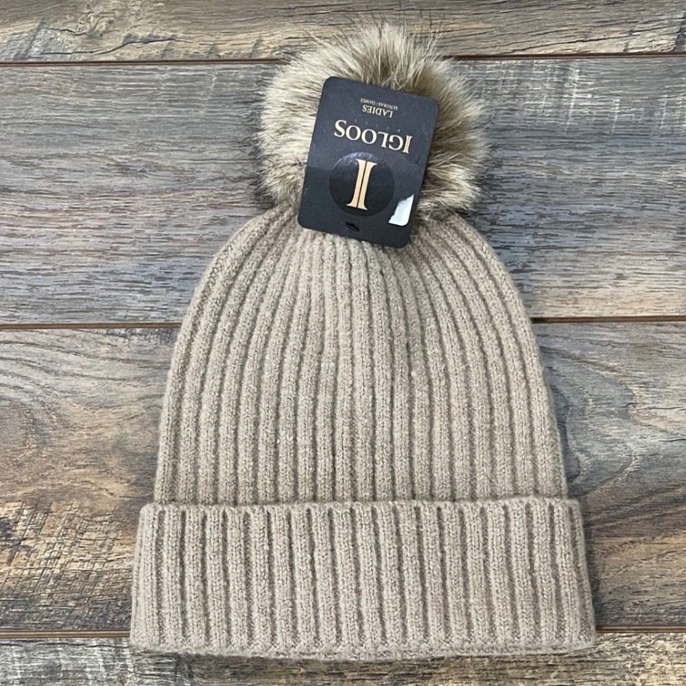 Igloos Built Ladies Beanie Tan Ribbed Knit Faux Fur Pom Hat OS Fall Cozy NWT